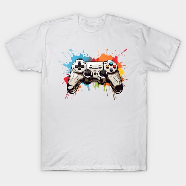 Retro game controller with painting splashes, gamer design T-Shirt by colorbyte